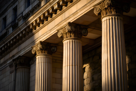 Sunlight illuminating fluted columns of courthouse