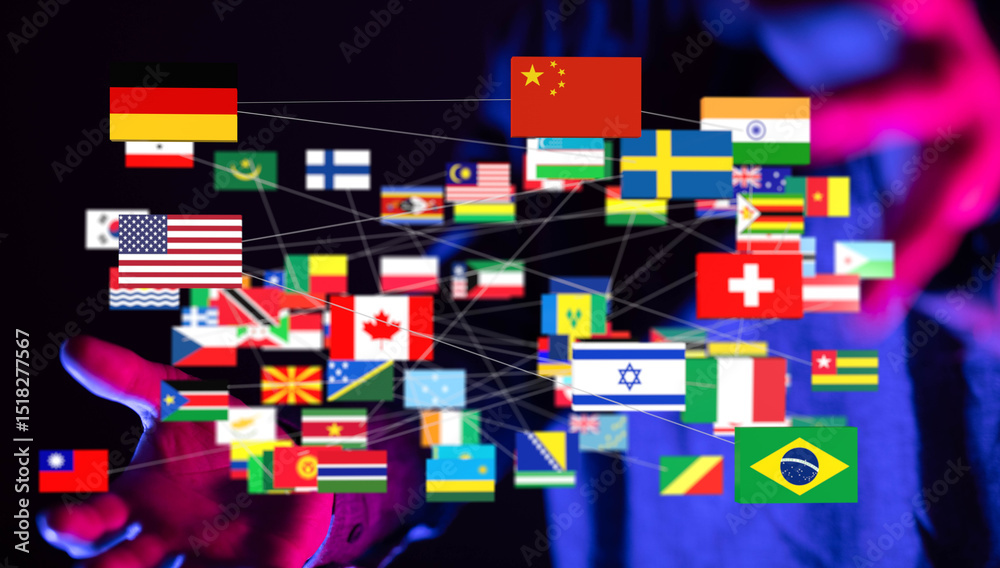 Poster Image of interconnected flags representing global collaboration and networking.