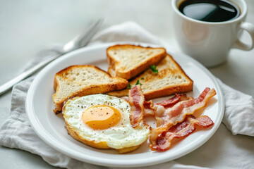 Homemade American breakfast. Scrambled eggs with bacon and toast, a cup of coffee and a fork on a white table. Healthy breakfast. The concept of healthy eating.