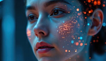 Close-up face of person with futuristic biosensors overlay. Advanced health monitoring tech, ai, digital innovation. Wearable interface for health analysis, future medicine. Biometric collection for