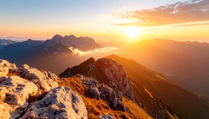 Peaceful Mountain View with Sunrise and Valley Mist in Soft Atmospheric LightPeaceful Mountain View with Sunrise and Valley Mist in Soft Atmospheric Light