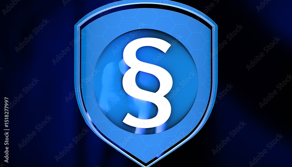 Poster modern graphic of a digital shield protecting a paragraph symbol, ideal for legal tech and data secu