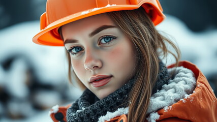 In winter, a young woman in an orange helmet works during the day in warm winter clothes