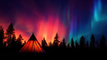 Vibrant Northern Lights Over a Tent Amidst a Forest at Dusk, Capturing Nature's Beauty