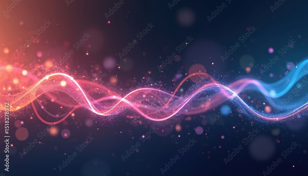 Poster Abstract illustration features colorful flowing lines with sparkling particles on plain dark background. Design represents connection, network, technology. Art piece suits science, medical, modern