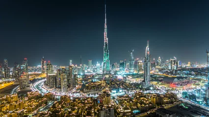 Ingelijste posters Burj Khalifa Dubai Downtown at night timelapse view from the top in Dubai, United Arab Emirates  © HyperlapsePro