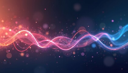 Fototapeta premium Abstract illustration features colorful flowing lines with sparkling particles on plain dark background. Design represents connection, network, technology. Art piece suits science, medical, modern