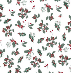 Christmas Seamless Pattern With  Berries White Background, Winter Pattern With White Backgrounds