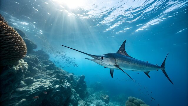 Swordfish Swimming in Ocean with Coral and Sunlight