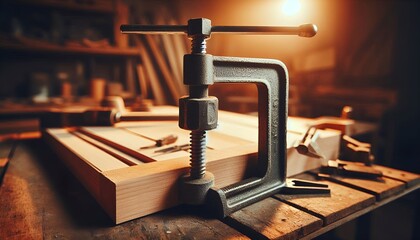 Close-up of a heavy-duty metal clamp gripping a wooden board on a workshop table under warm lighting.