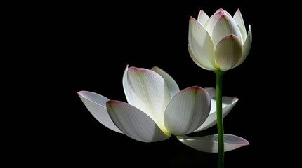 Two white lotus flowers with pink tips on a black background