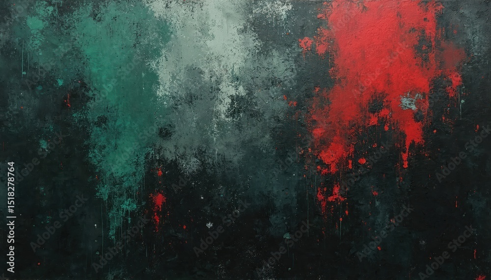 Poster Abstract grungy texture features dark backdrop, prominent red and green splatters. Gritty rough art style, chaotic appearance conveys intense, edgy moody expression with a powerful visual impact.
