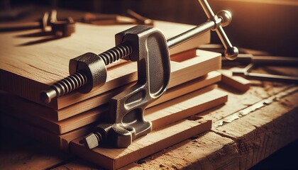 Close-up of a heavy-duty metal clamp gripping a wooden board on a workshop table under warm lighting.