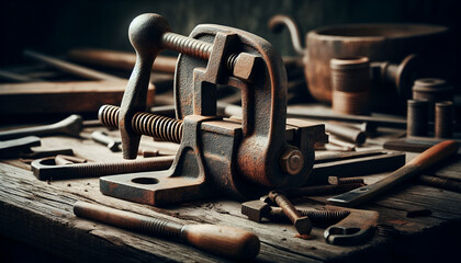 Old rusty clamp on a vintage wooden workbench, showing signs of wear and decades of usage.