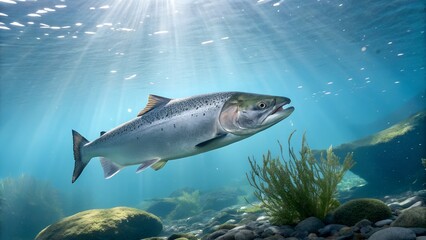 Atlantic Salmon Swimming in Underwater Ocean Scene