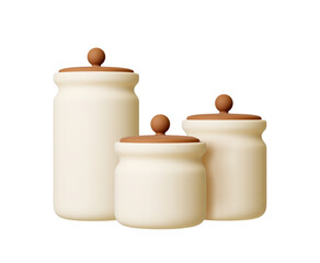 Food jars 3d icons. Isolated kitchen equipment, jar for sugar, salt, flour, spices, cookies. Realistic ceramic containers, rendering style vector elements