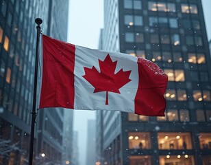 Canadian flag waves proudly against city building on snowy day. National symbol of Canada, red white maple leaf. Urban winter cityscape. Patriotic scene, cold weather, freedom and pride.