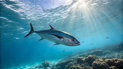 Obraz premium Skipjack Tuna Swimming in Blue Ocean Underwater SceneSkipjack Tuna Swimming in Blue Ocean Underwater Scene