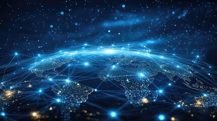Global network connectivity illuminated on a digital earth.