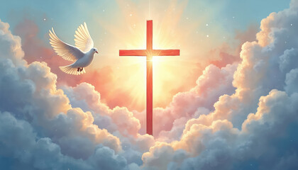 Watercolor illustration of a white dove flying near a radiant cross in fluffy clouds. Religious art for Whit Monday celebration, represents peace, hope, purity and faith in Christianity.