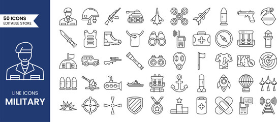 Military line editable icon set. Vector illustration