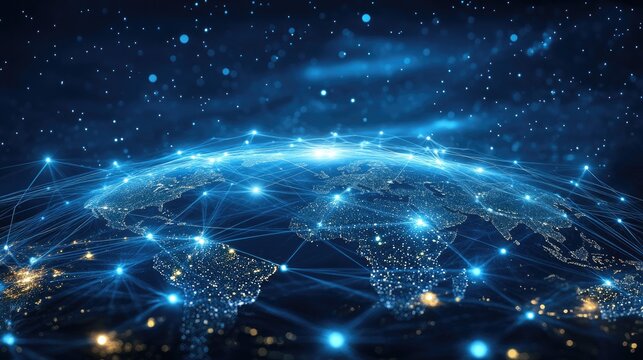 Global network connectivity illuminated on a digital earth.