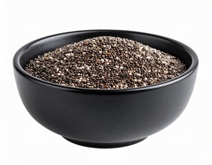 Black ceramic bowl filled with healthy black chia or sesame seeds isolated on white background
