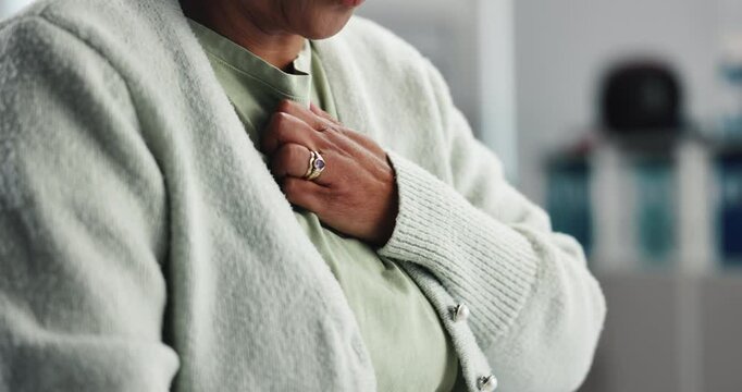 Senior woman, hands or chest pain with heart attack, anxiety or medical emergency scare. Retirement, cardiology or mature person in health risk with cardiac arrest, stress or stroke, breathing issue