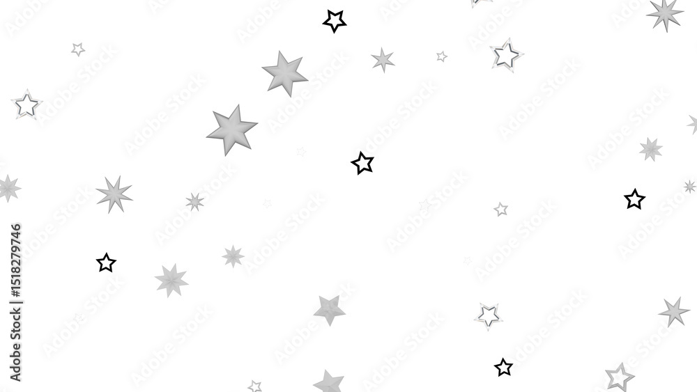 Poster a simple abstract graphic with silver stars scattered on a black background. the stars are various s