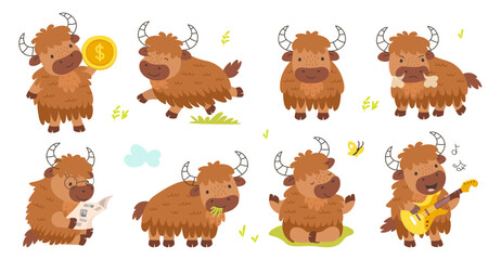 Yak characters. Isolated cartoon yaks play music, reading newspaper, run. Animal hold gold coin, business bull. Funny animals, nowaday vector set