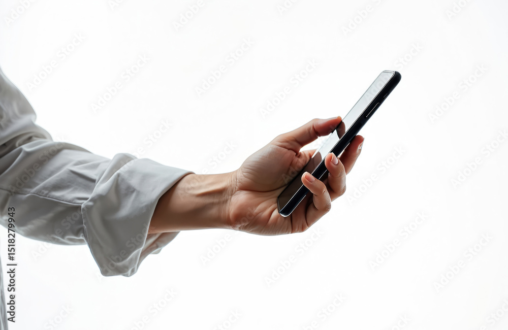 Poster hand holding smartphone isolated on white background. business person uses modern mobile tech gadget