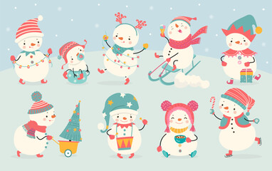 Funny snowman. Joyful snowmen sledding and skating, holding gifts and garlands. Winter mascots prepare to christmas and new year, nowaday vector set