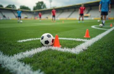 Fototapeta premium Soccer ball on green grass field with orange cone. Players train, practice soccer on field. Sports game concept, team sport competition. Training session, tactic practice at stadium or academy.