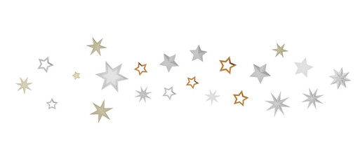 A design of gold and white stars on a black background.