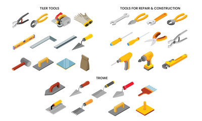 Construction Tools Icons Set Repair and Tiling Equipment Illustration