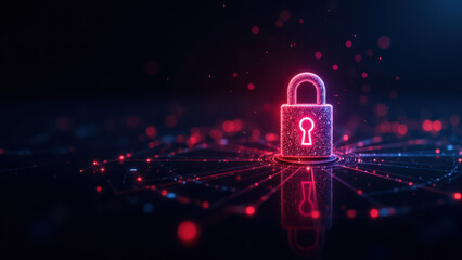 A vibrant digital art image with a strong focus on cybersecurity and encryption symbolized by a glowing red lock in the center, surrounded by interconnected data points and network nodes.