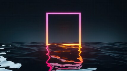 Aesthetic square with neon light emerging from water surface in darkness