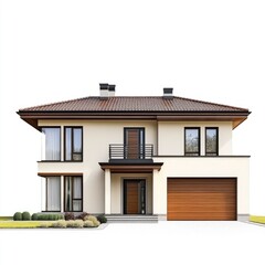 Two-story cream-colored home with brown accents.