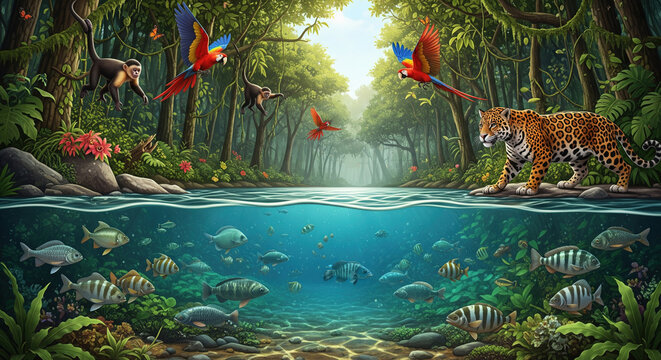 Colorful educational illustration showing jungle rainforest animals and tropical river fish, ideal for childre summer nature books and learning activities.