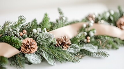 A festive winter garland bringing the holiday spirit with snow kissed pinecones shimmering ribbon and lush greenery on a