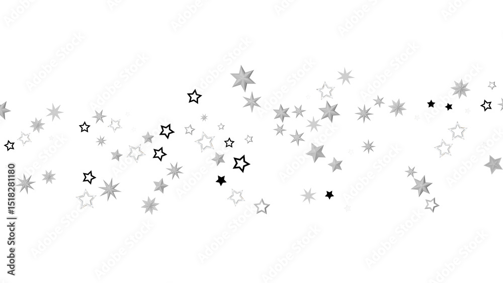 Poster A black background with a scattering of silver stars of different sizes and shapes. The stars create an abstract design and have a sparkly, shiny, and festive feel.