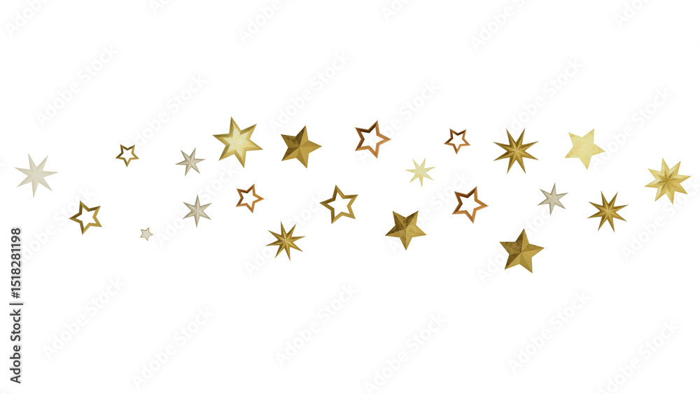 Poster a scattering of golden stars of various sizes and shapes on a black background.