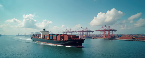Obraz premium Aerial view container ship at industrial port. Cargo vessel transports containers, global business logistics, international import export trade, worldwide freight shipping. Cranes load unload cargo.