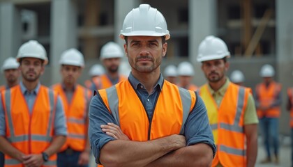 Construction manager and team stand ready on construction site. Men wear hard hats and safety vests. Construction industry teamwork, safety and leadership. Team looks forward ready to work.