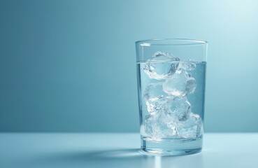 Glass water with ice cubes on blue background. Refreshing drink, pure water, crystal clear. Healthy lifestyle, hydration, refreshment, thirst quenching, drink, beverage, mineral water. Concept of