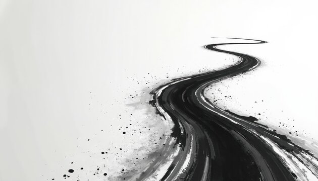 Illustration of winding road created using black ink brush strokes on white background. Illustration grunge, design, paint, splatters, art, texture, dirty, stain, liquid, spray, dripped, dark,
