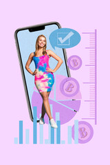 3D collage poster template trend artwork sketch of smartphone young lady stand smile bitoin deal forex investor deposit financial index