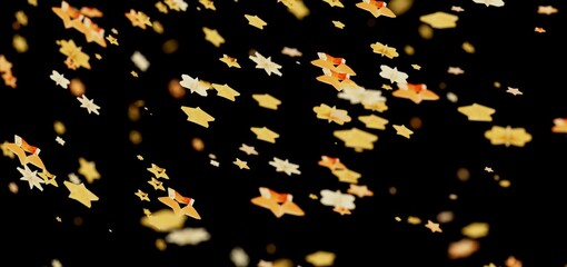 Falling gold and orange stars on black. Festive, celebratory background.