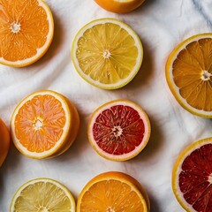 Fototapeta premium Dynamic composition of floating fruit slices—orange, lemon, apple, and watermelon—suspended in midair with water droplets and sun rays illuminating the scene. The vibrant colors and motion effect crea