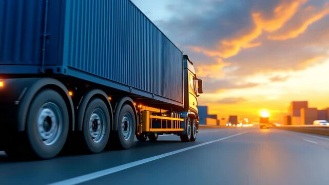 Cargo truck hauling container trailer on empty highway during vibrant sunset showing logistics and freight transportation concept